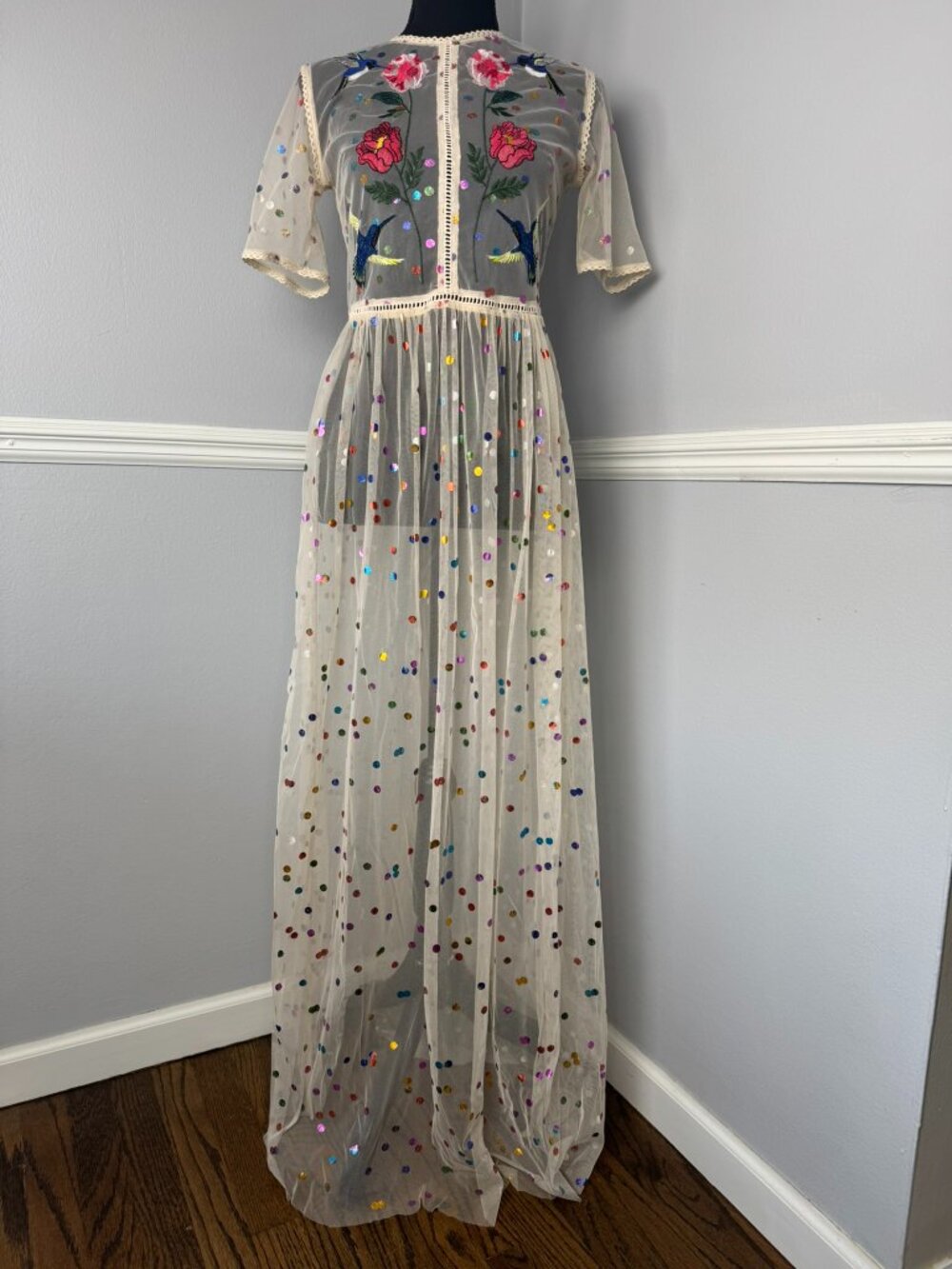 Frock & Frill Sx 4 Floral Bird Embroidered Maxi Dress Allover Rainbow Polka Dot - Picture 2 of 9